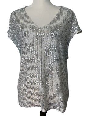 CeCe Sequin V-Neck Women’s Top - Silver